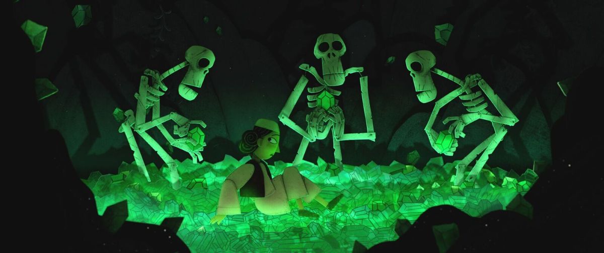 Film still: Showing Parvana's imaginative tale with her hero being surrounded by three animated skeletons