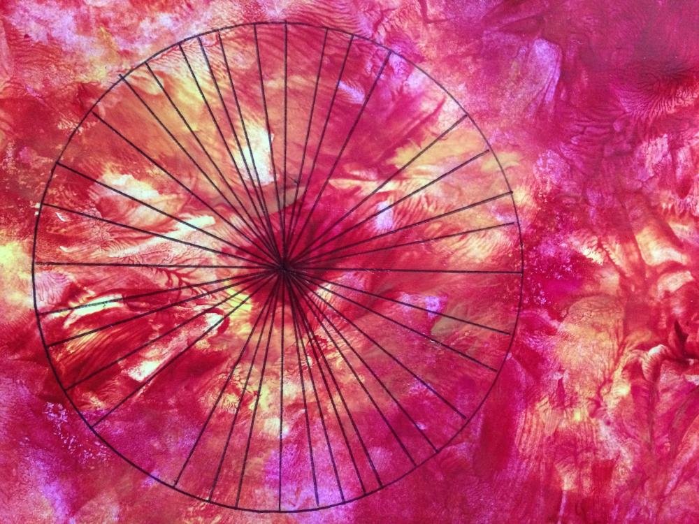 Drawing of a circle divided unequally into slices on a pinkish collage background