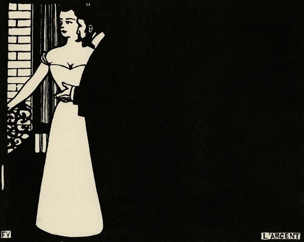 Black and white print by Félix Vallotton of a man and a woman, the man's shadow fills the room