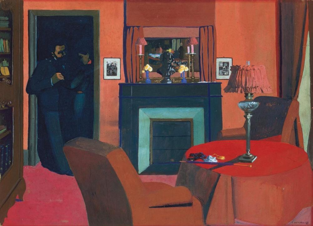 Painting by Félix Vallotton showing a red drawing room. A man and a woman stand cast in the shadow of a doorway. He holds her hand to his chest, while she looks down and away.