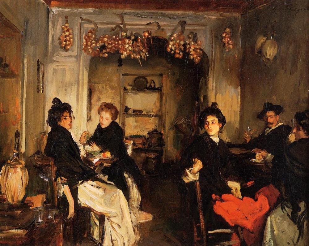 Painting by John Singer Sargent showing women sitting in a shop conversing, shop is small and cosy