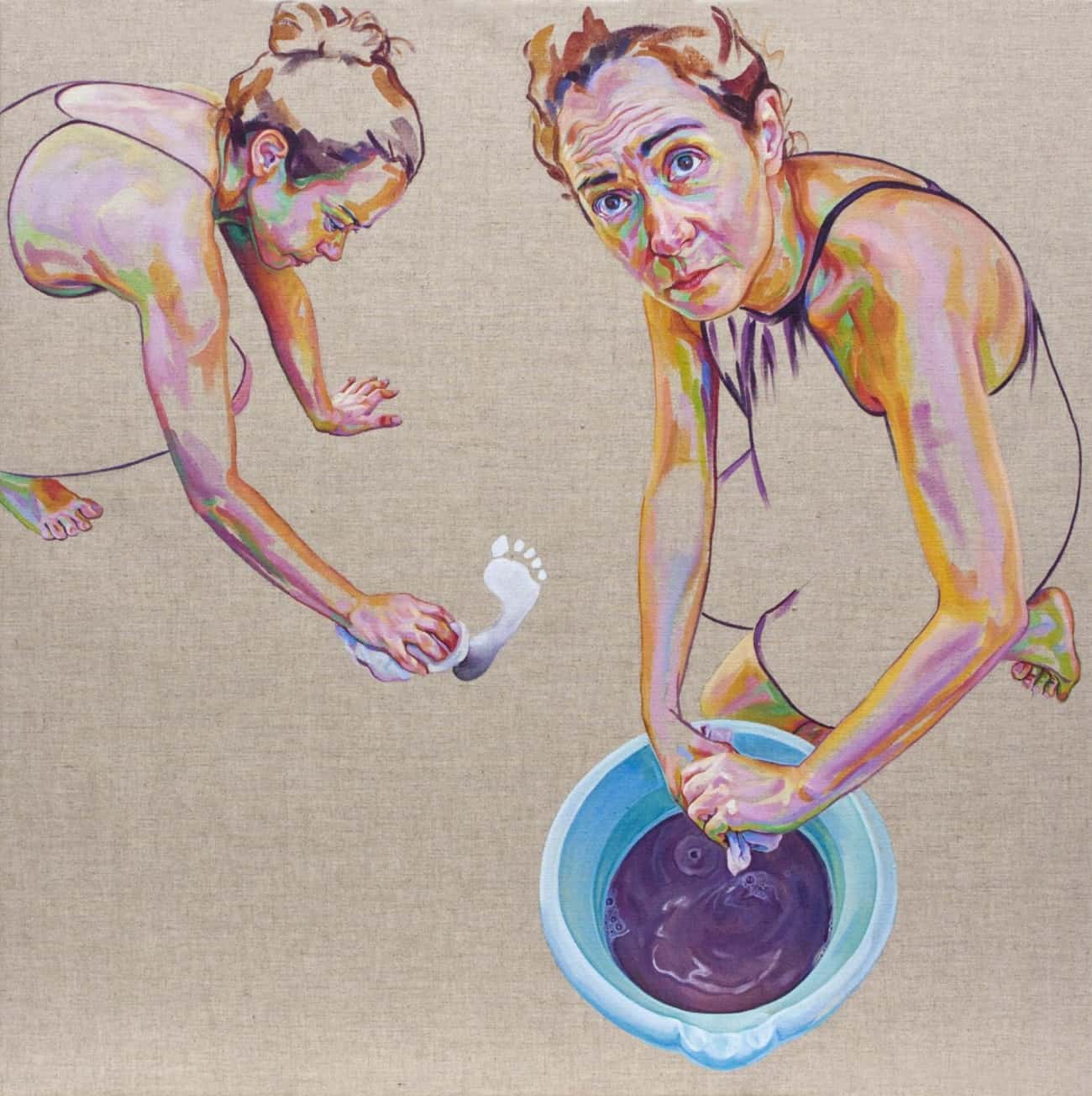 Painting self-portrait: shows one "self" cleaning a footprint from the floor, while another "self" wrings out a wet cloth and looks upwards and out of the canvas.