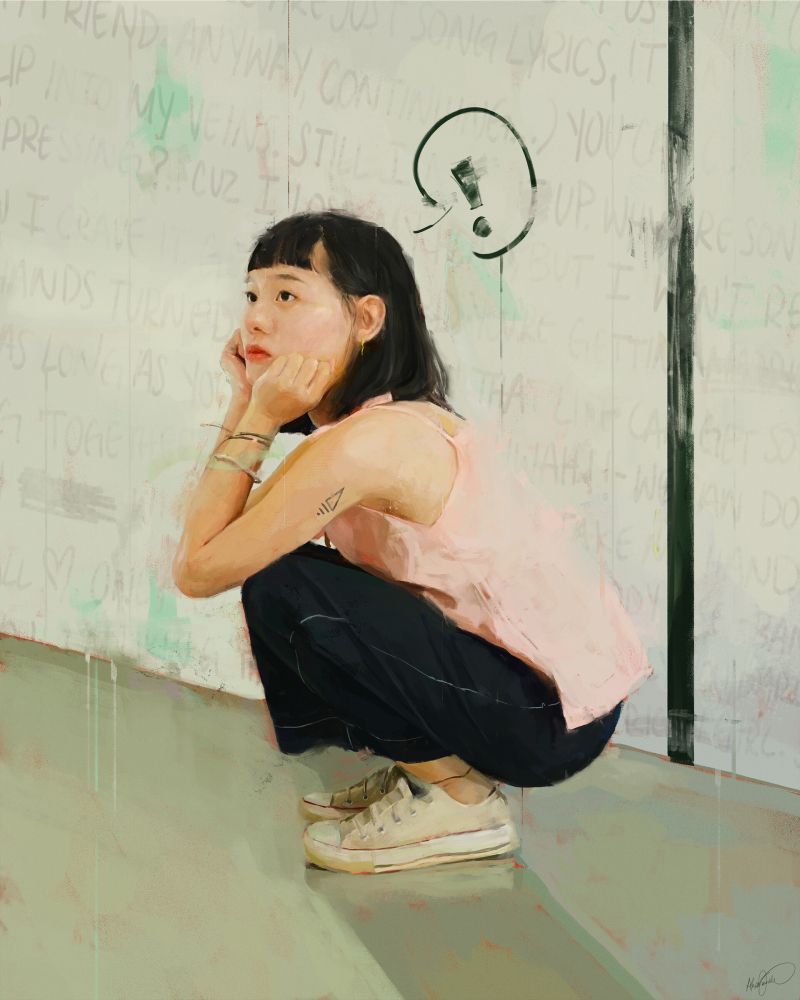 Digital painting: a young girl stares into the distance, a speech bubble shows an exclamation above her. The background shows faded writing.