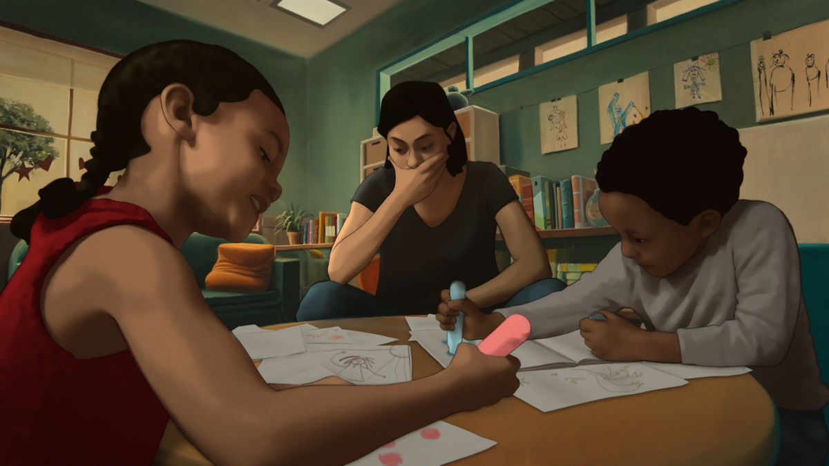 Film still: Alma sits down anxious in the classroom