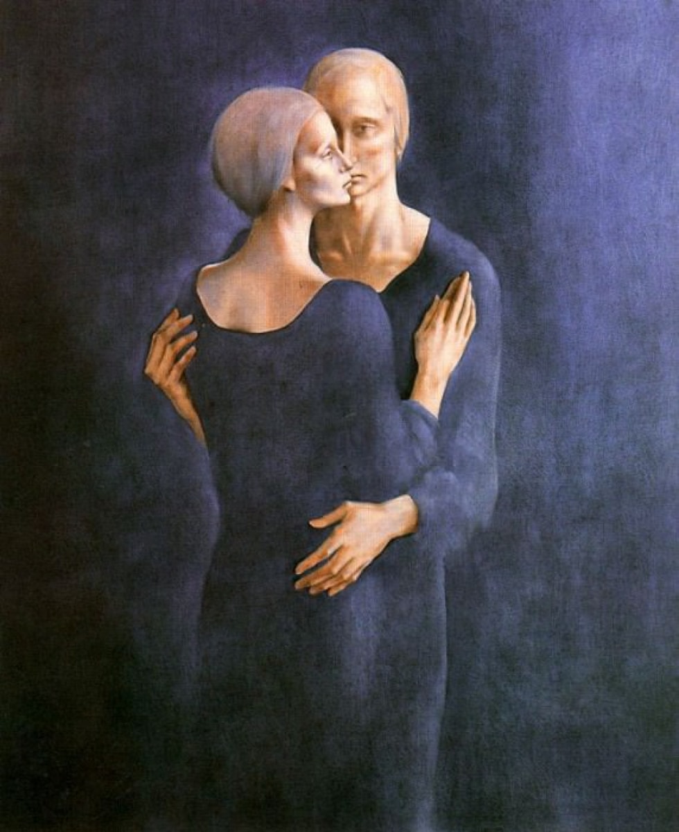 A purple/blue backdrop with a couple seen embracing, their clothing matching the backdrop.