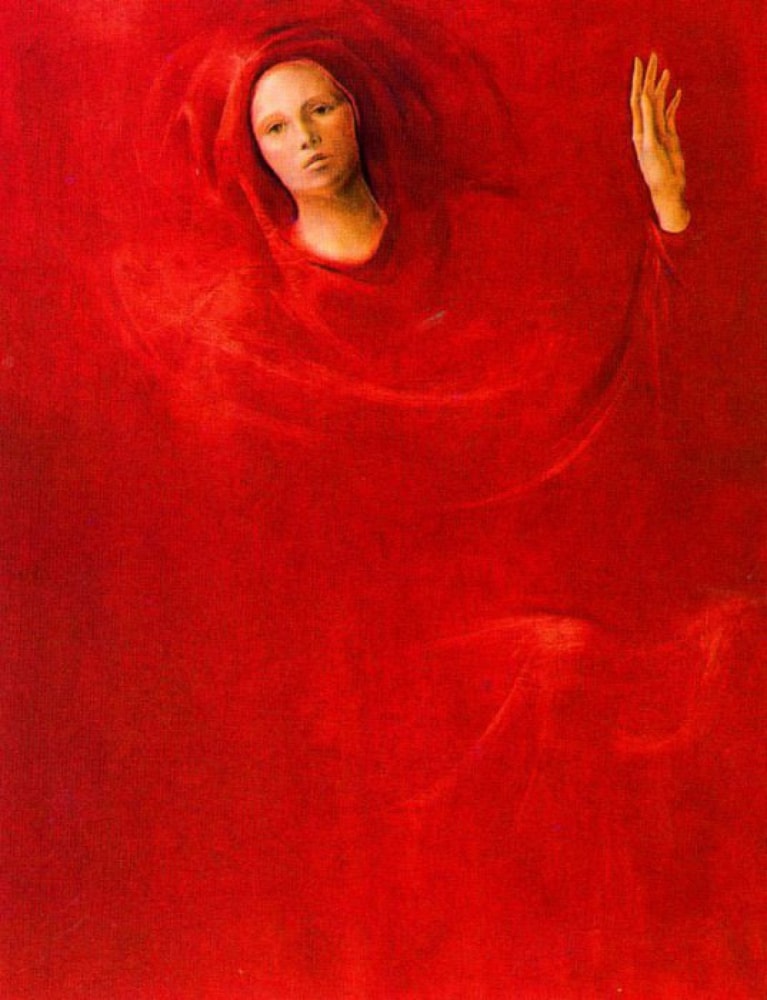 A deep red painting which acts like fabric; covering the entire painting and female form, with only one hand and her face visible, whilst wrapping around her hair like a hood.