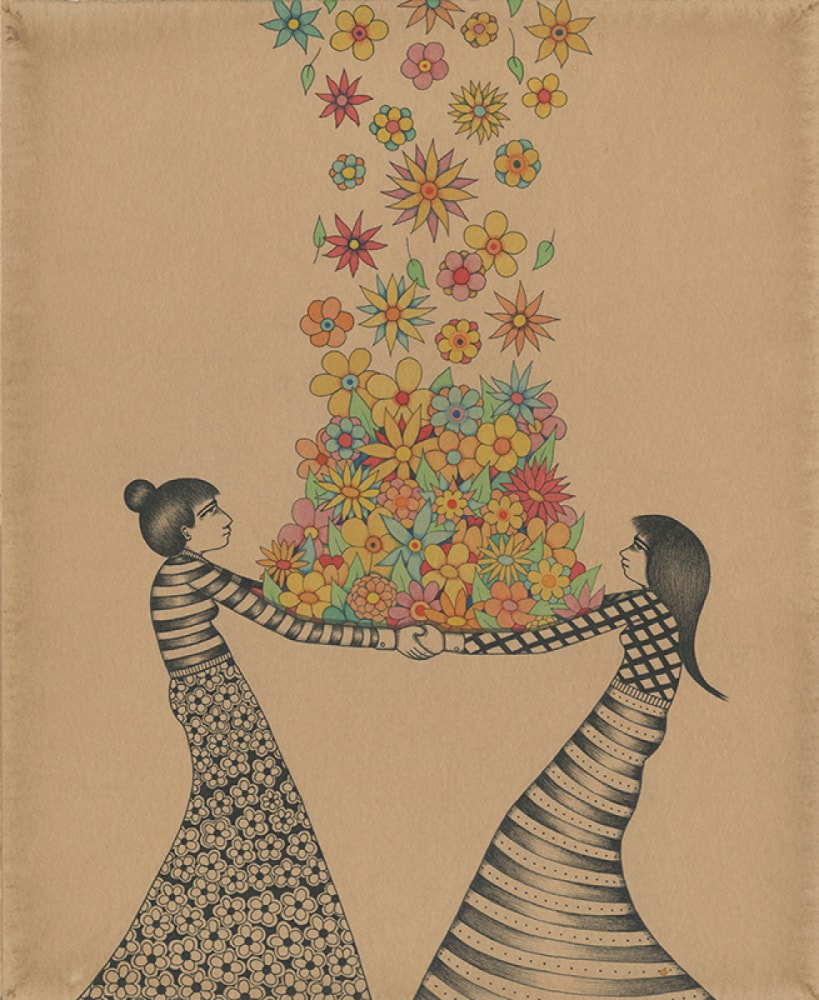 Illustration: Two ink figures of women are shown to be holding hands, their arms stretched out to catch falling flowers.