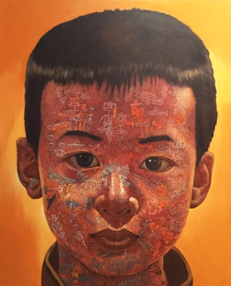 Painting: Portrait of a young boy, his skin filled with opaque imagery of robots, warriors, sea monsters, and fan-motifs etc