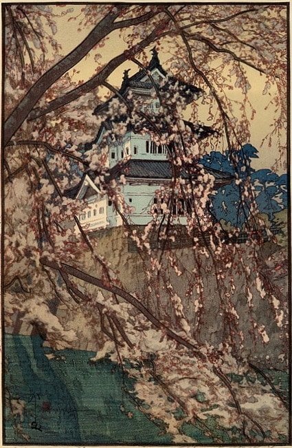 A colourful print by Hiroshi Yoshida of a Japanese castle set on a hill, with cherry blossom at the forefront