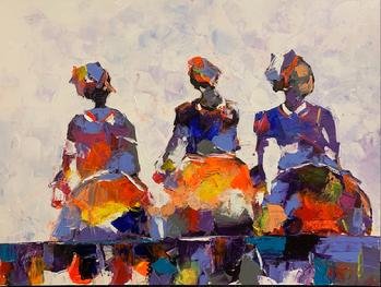 Figurative abstract painting showing three women side by side, and who appear to be working