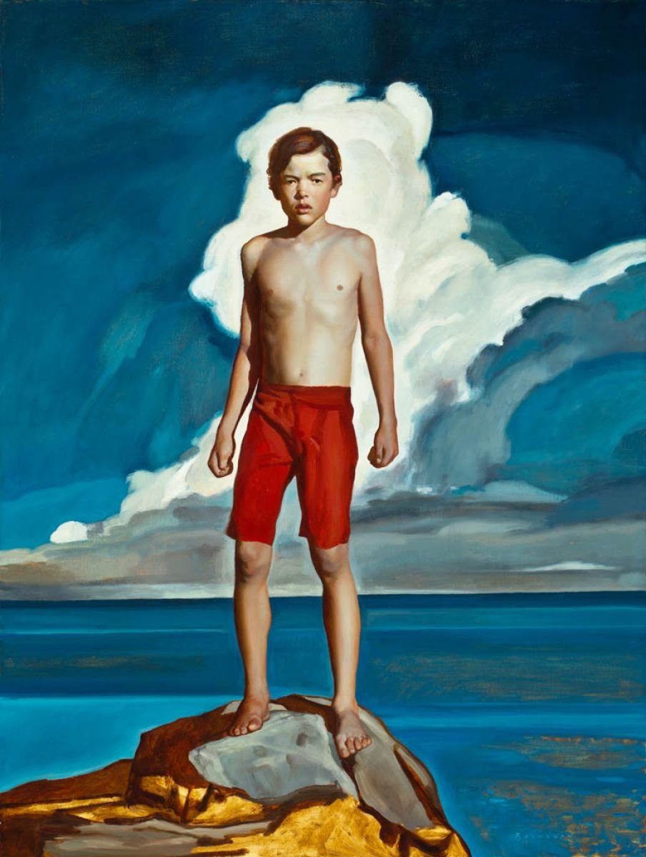 Painting: A young boy wearing red shorts stands on a rock, behind him is the sea, while tumultuous clouds fill the sky