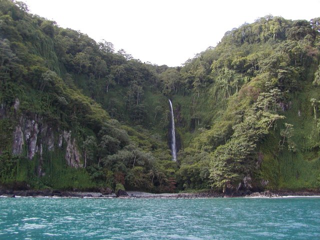Photograph of Cocos Island showing a waterfall