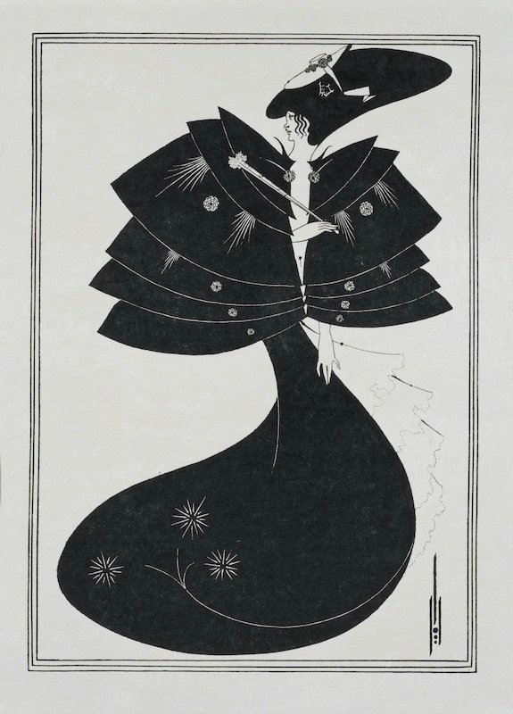 Print by Aubrey Beardsley showing a lady in a long flowing black cape