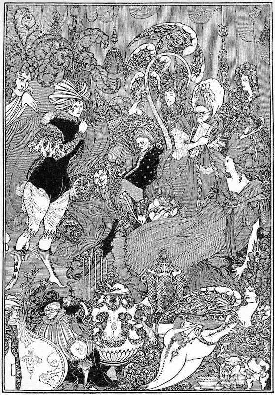 Print by Aubrey Beardsley showing an intricate detailed drawing of figures at a party, some of which are anthropomorphic with furniture and animals