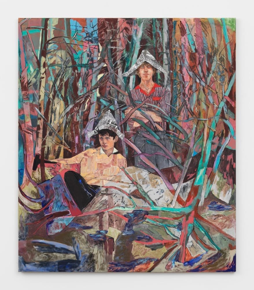 Painting: Two young men stand in a thicket, each stem/branch/foliage painted bright pastels. One male sits reclining, another standing with his arms crossed. Both are wearing newspaper boat hats - the writing of which mentions a sacrifice