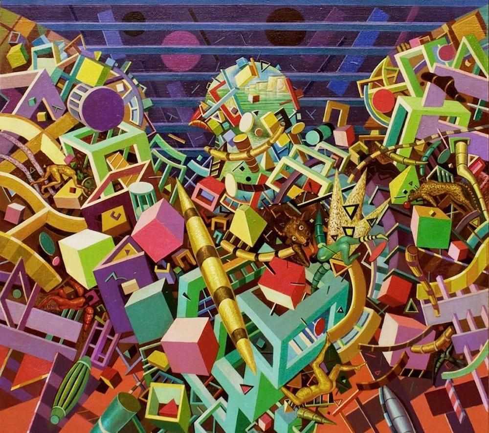 Painting: A collection of brightly coloured items are piled on top of each other, and collectively form the shape of a dove. Behind the dove is a much simpler geometric background.