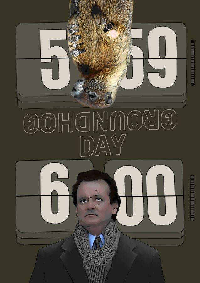 Poster graphic design showing Phil (Bill Murray's) character on one side of time and a groundhog on the opposing side