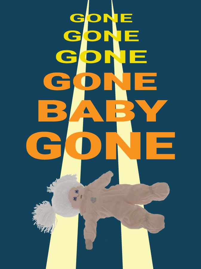 Poster design showing a little girl's raggedy doll, with two striped lines behind it - representing both the main character's tracksuit stripes and the beams of flashlights