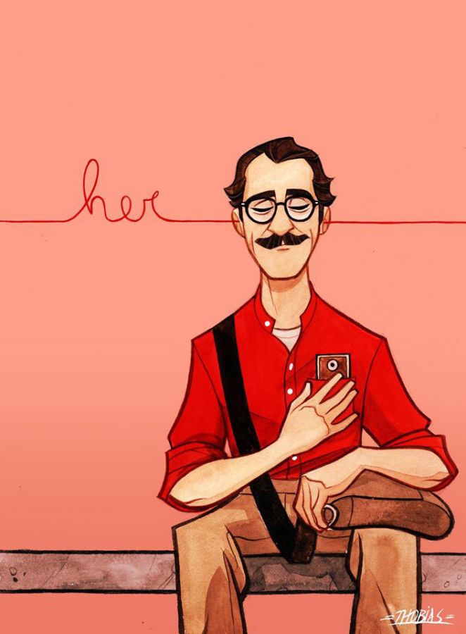 Illustrative poster design, plain pink backdrop with the word 'her' coming out a darker pink link, like a heartbeat that goes through the character Theodore's mind. Meanwhile he smiles sweetly as he puts his hand on his chest where the Operating System of Samantha sits in his breast pocket.
