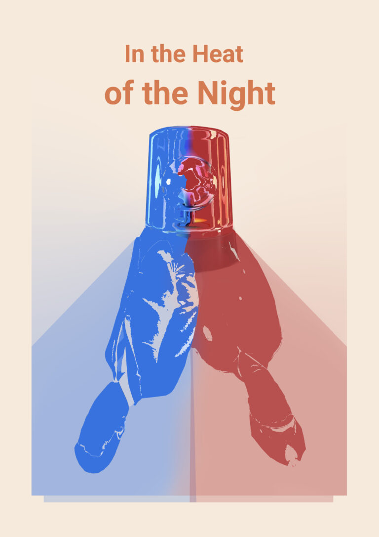 Graphic design poster, showing the silhouette of the two leading figures in blue and red police lights