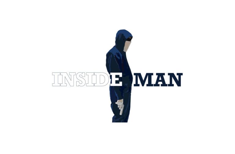 Very simple design with the title words 'Inside Man' shown, and with a concealed figure in blue behind it that's holding a gun