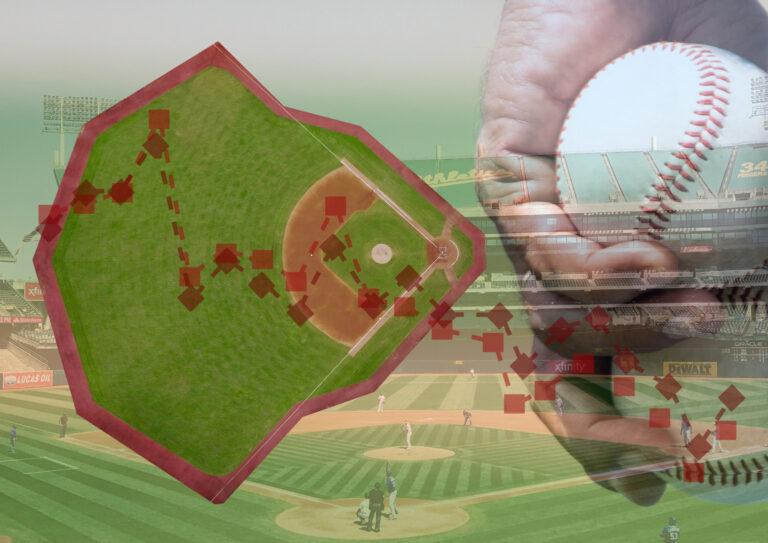 Photographic layered image showing the field, stats, and a baseball waiting to be pitched