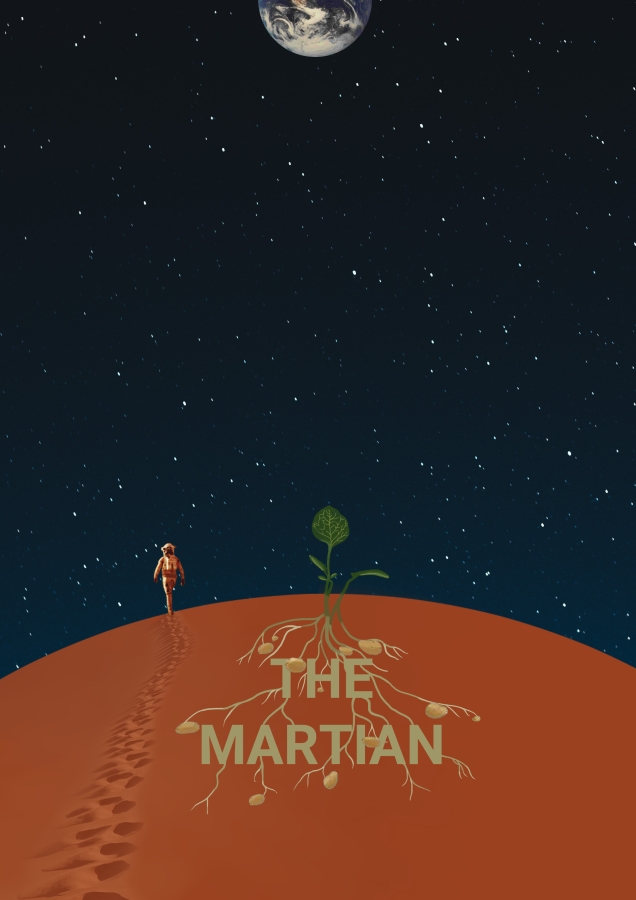Graphic design image: Red planet with a single potato plan, with an astronaut walking away