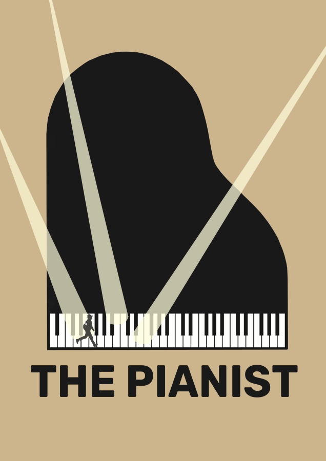 Graphic design poster: Aerial view of a grand piano which shows a silhouetted figure running along the keys while spotlights/searchlights shine onto the keys