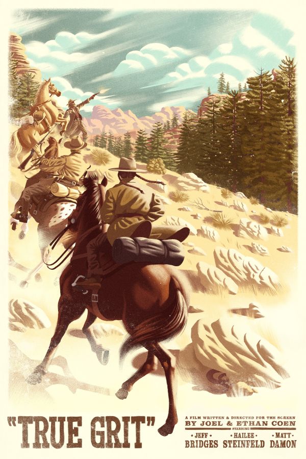 Illustrative image showing Mattie, the Marshall and the Ranger horseback riding through a rugged mountainside