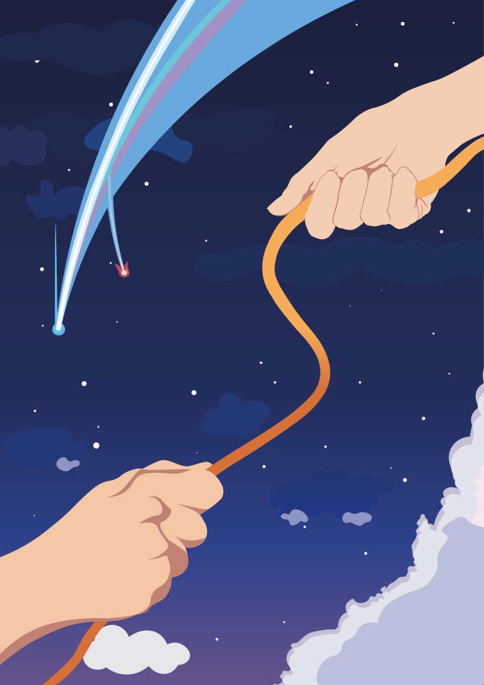 Graphic design style illustration of the two leads holding opposite ends of a braid, while a comet splits above them