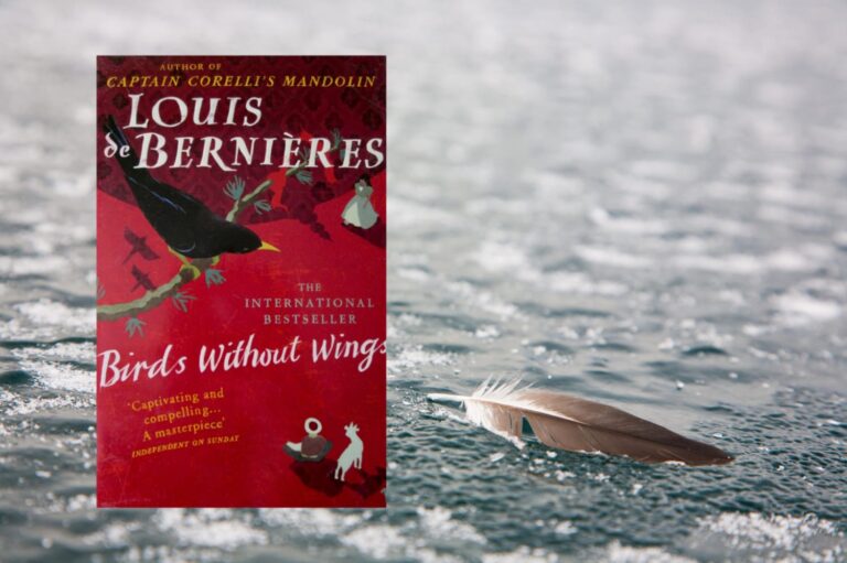 Book cover shows a blackbird and two figures sitting below, the background image shows a feather being carried by the water's current