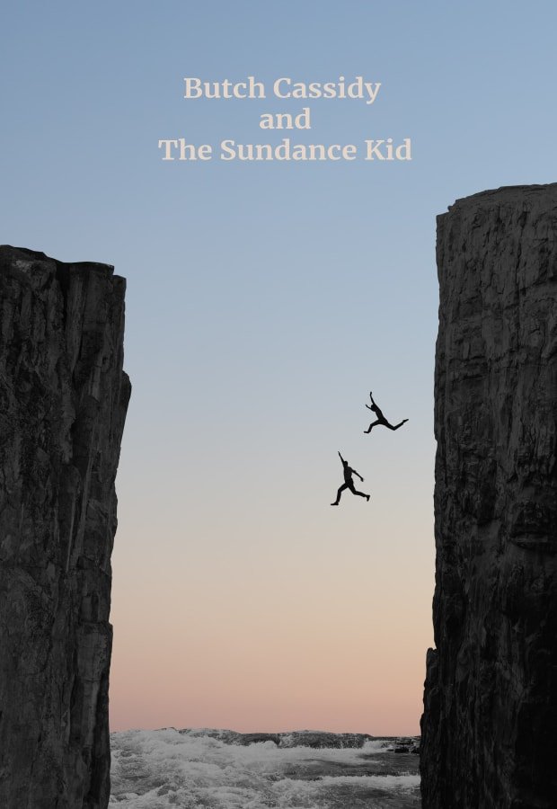 Simple poster design: Two figures leap from a cliff