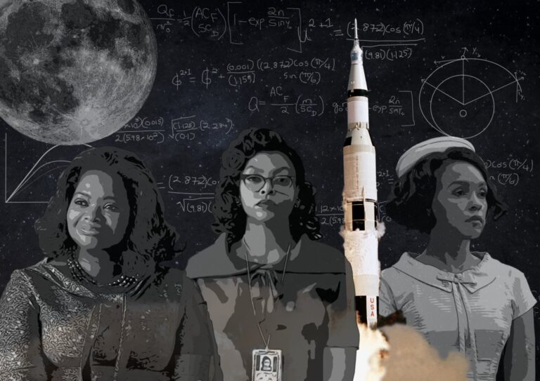 Graphic design imagery showing the three leading ladies with a backdrop of calculations, space shuttle and the moon.