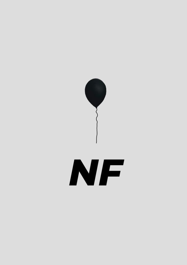 A black balloon floats above the letters "NF"