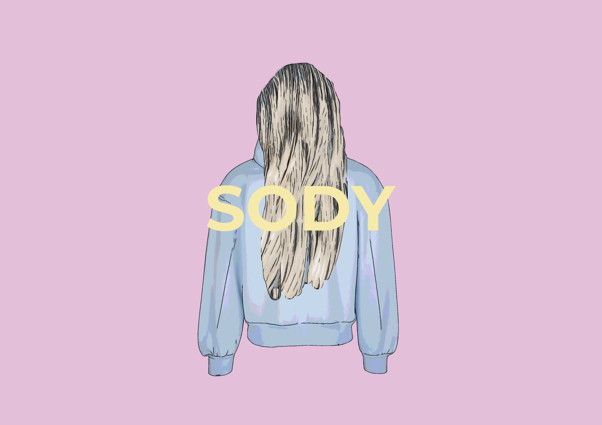 Graphic design image of Sody's pale blue hoodie and long blonde hair.