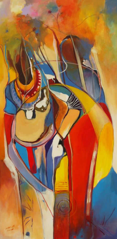 Oil painting filled with bright colours, sinuous lines and abstract figures