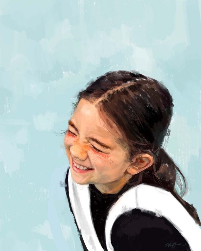 Digital painting: a young girl is shown smiling/laughing, her eyes closed tightly.