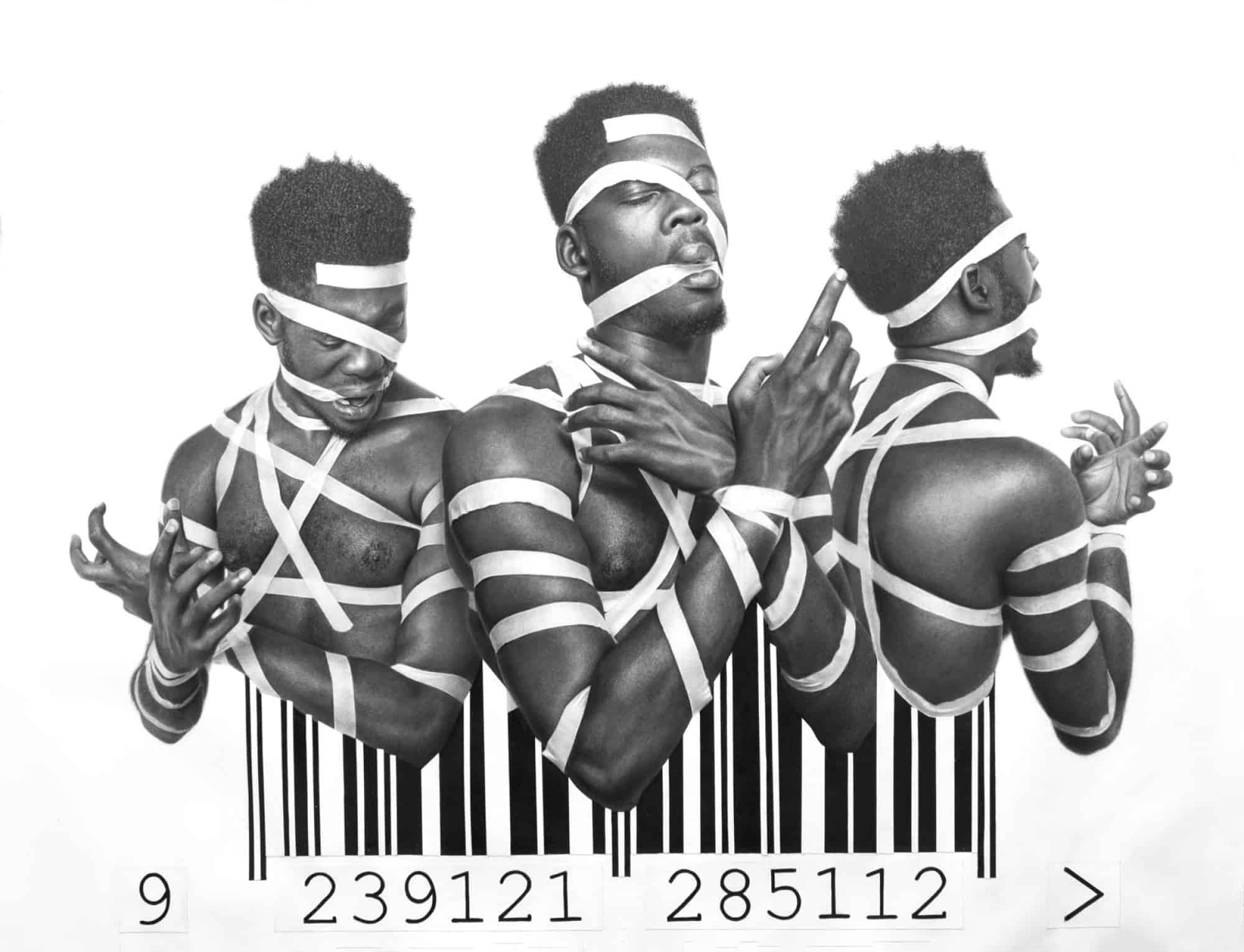 Three images of a man bound in white tape, the tape leading into a barcode below.