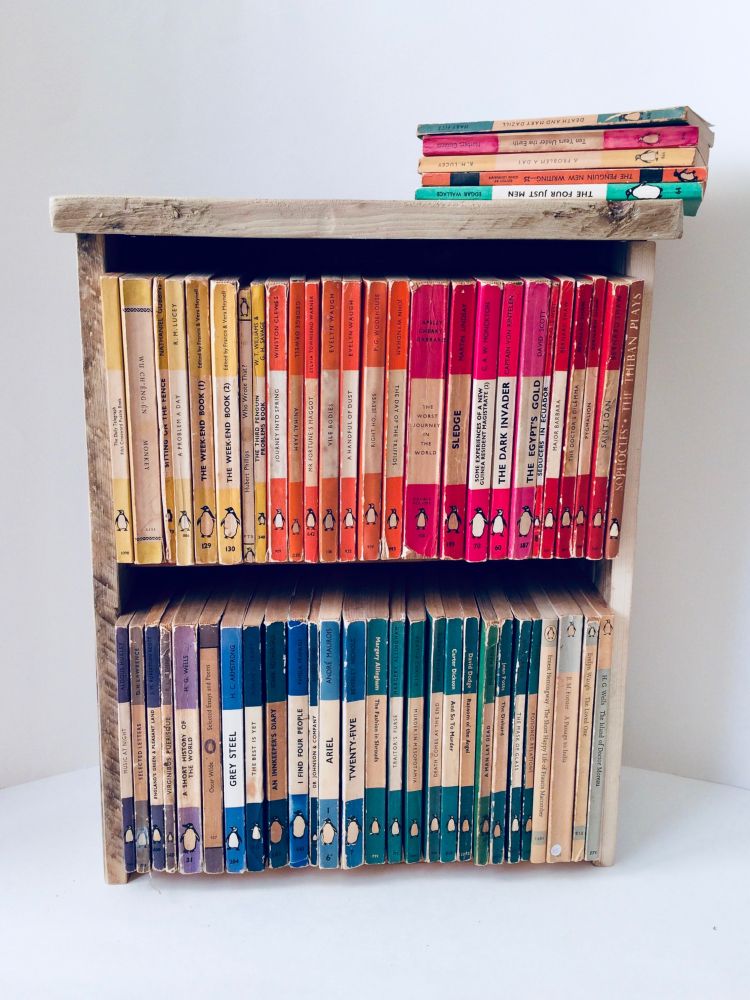 A photograph of the completed bookcase. The bookcase is filled with vintage penguins which complete the colours of the rainbow.