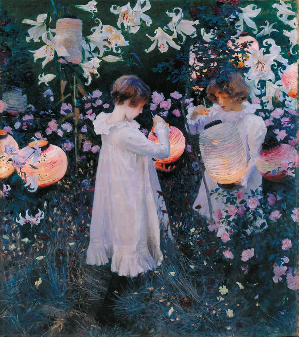 Painting by John Singer Sargent showing a floral garden, where two young girls hold paper lanterns