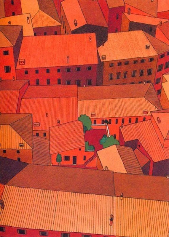 Watercolour painting: Shows town roofs in various hues of orange.