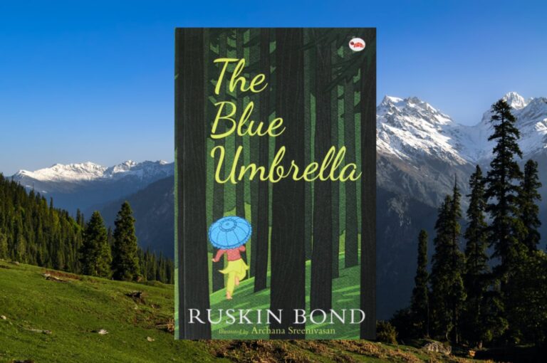 Children's book cover showing a little girl in the forest with a blue umbrella