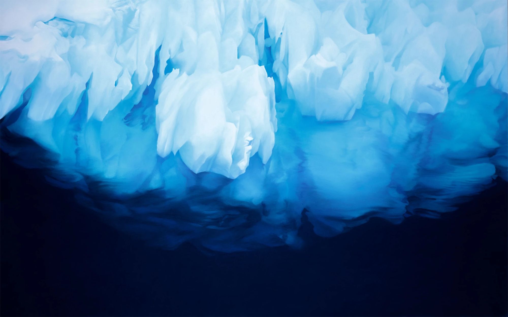 Drawing: A hyper-realistic image of large ice-cap it's gradient of light to dark blue.