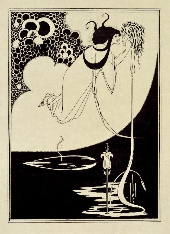 Print by Aubrey Beardsley, one figure hovers above the water while holding a detached head.