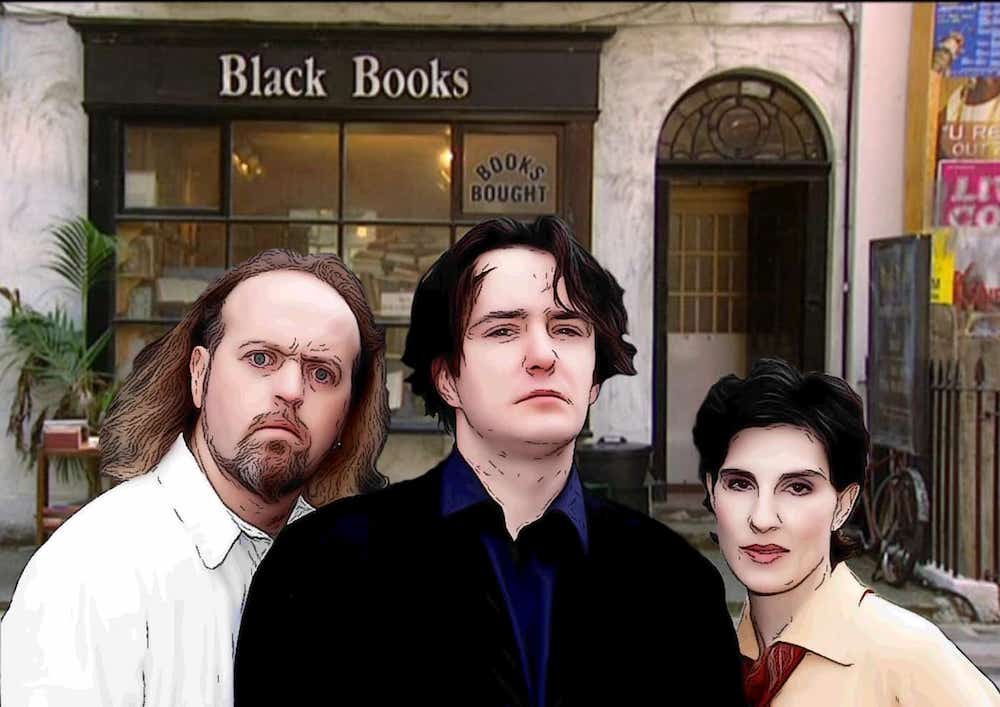 Photo-styled poster of Black Books characters and store