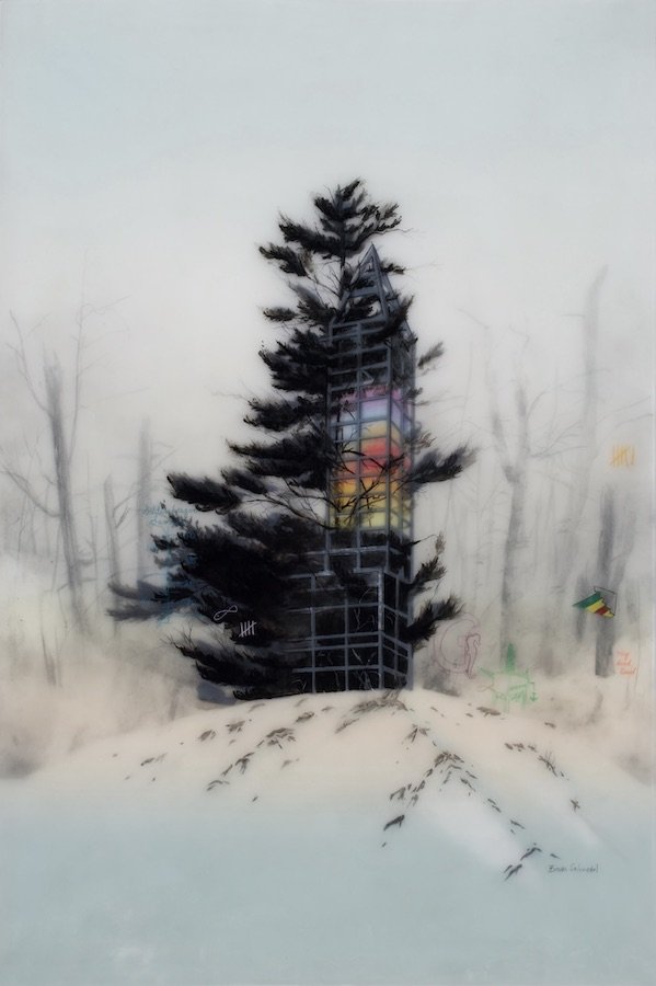 Drawing: Hidden within a fir tree is scaffolding, the layers between the scaffolds shows a rainbow of colours.