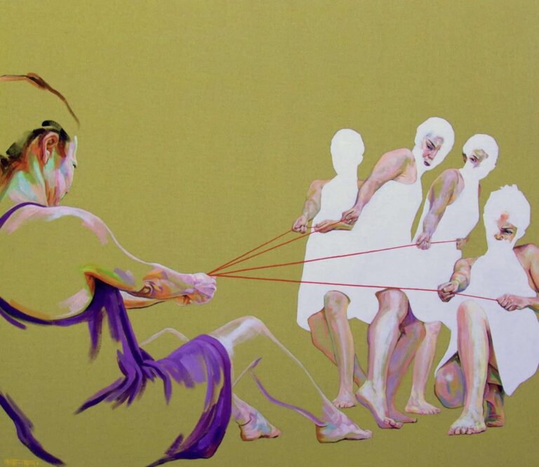 Painting self-portrait: One "self", shown in an outline of a purple dress, is in a tug of war against four other "selfs" who are largely unpainted.