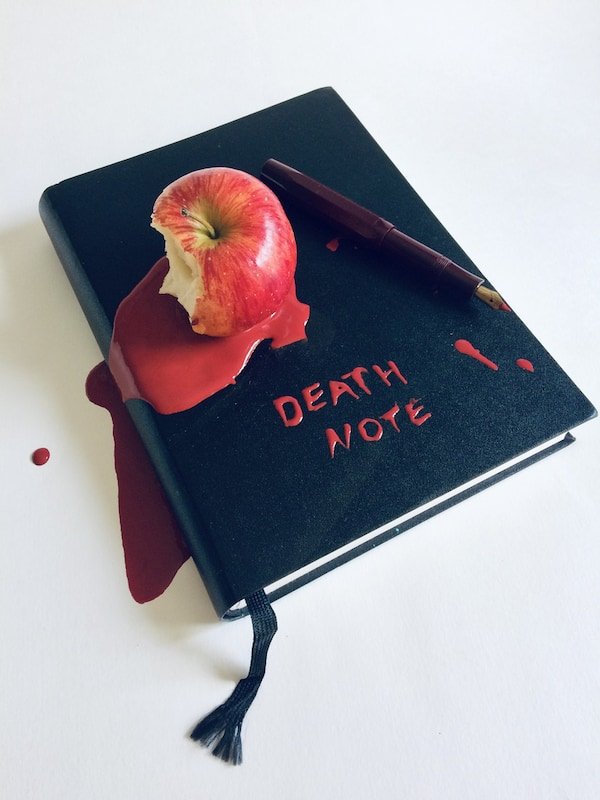 Photographic image of a black book with the words death note written in blood