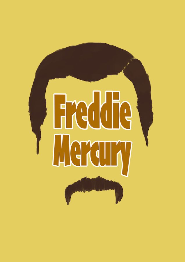 Graphic design: Mustard yellow background, with only Freddie Mercury's hair and moustache featuring