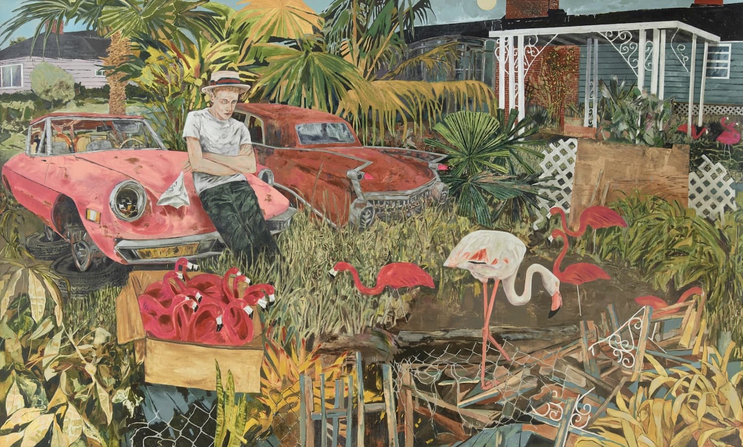 Painting: An overgrown garden with discarded waste, flamingo garden sculptures and two run-down Cadillacs, one of which has a young male leaning cross-armed against.